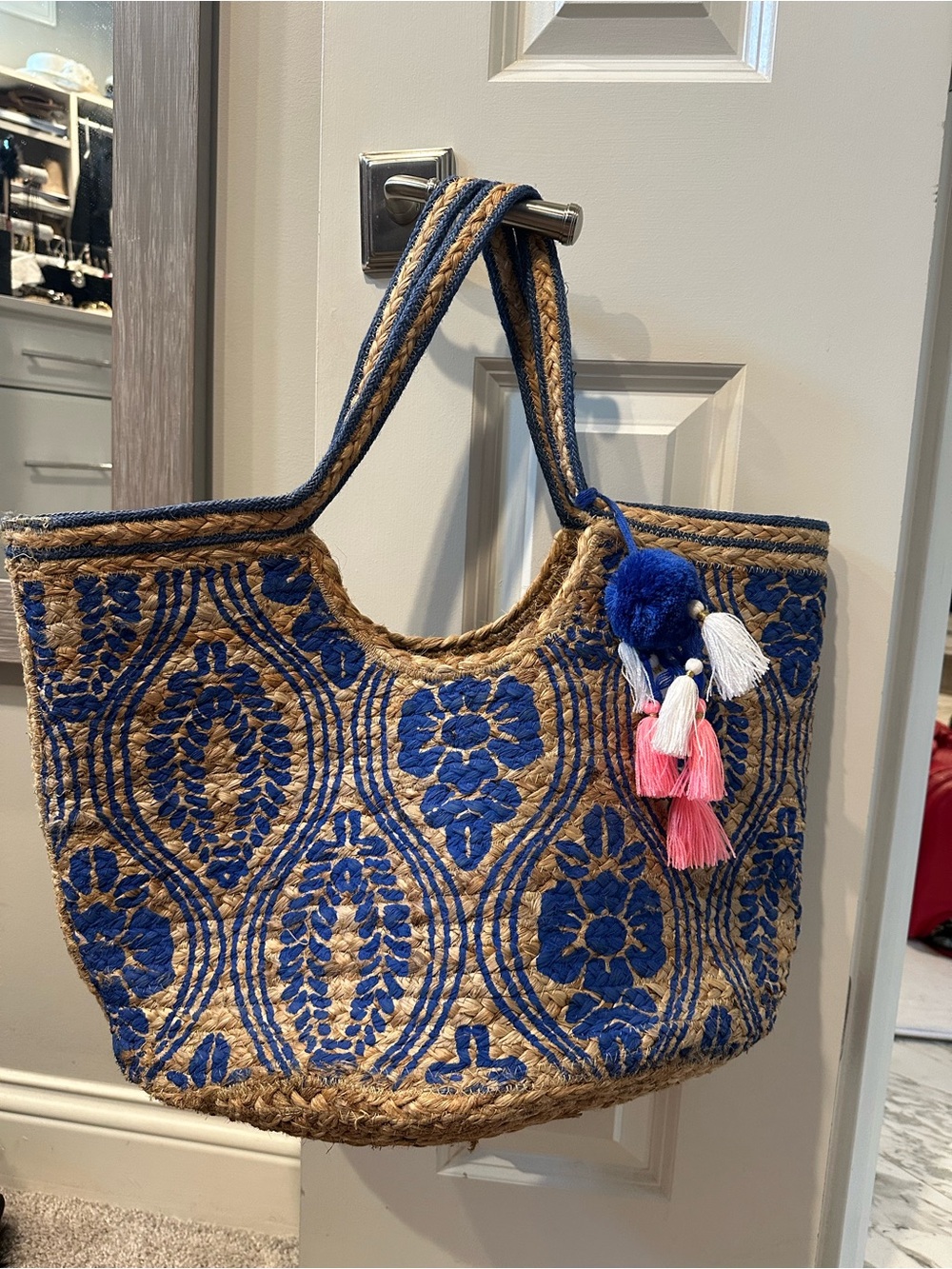 Shiraleah Blue Embroidered Jute Tote with Tassel Charm - Picture 2 of 6